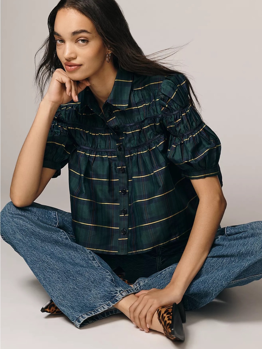 NWT Anthropologie The Leandra Taffeta Shirred Yoke Blouse by Maeve Medium